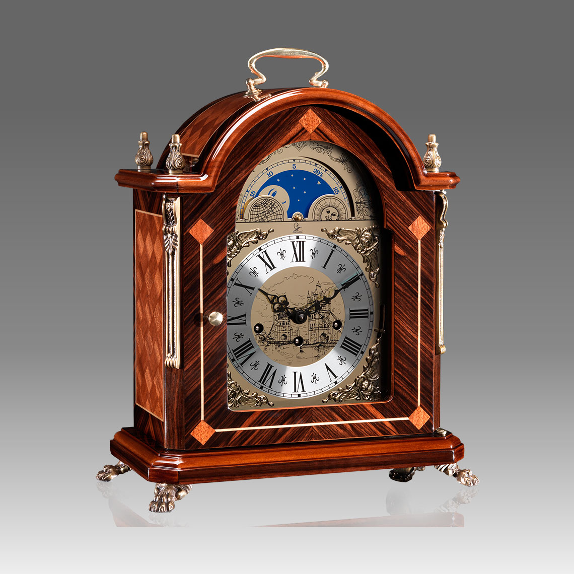 Mante Clock, Table Clock, Cimn Clock, Art.321/6 Ebony and mahogany sipo - Westminster melody on rod gong, moon fase dial